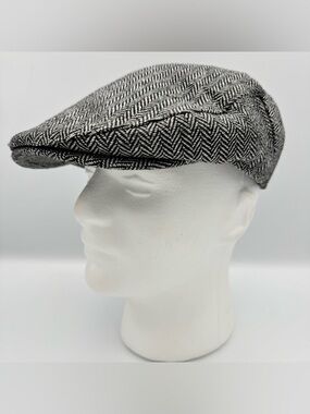 Men’s Newsboy Cap Wool Blend L/XL 7-5/8 Herringbone Black Gray Cabbie Flat Hat